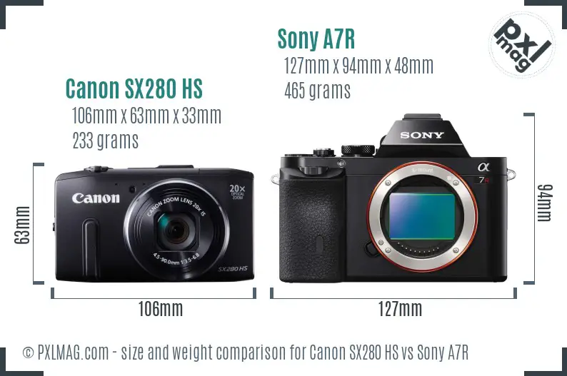 Canon SX280 HS vs Sony A7R size comparison