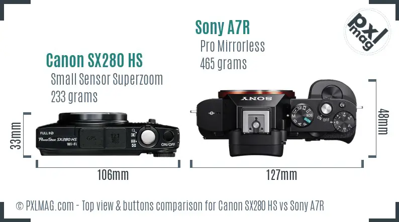 Canon SX280 HS vs Sony A7R top view buttons comparison