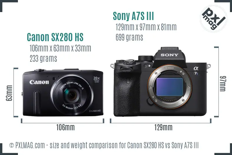 Canon SX280 HS vs Sony A7S III size comparison