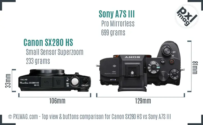 Canon SX280 HS vs Sony A7S III top view buttons comparison