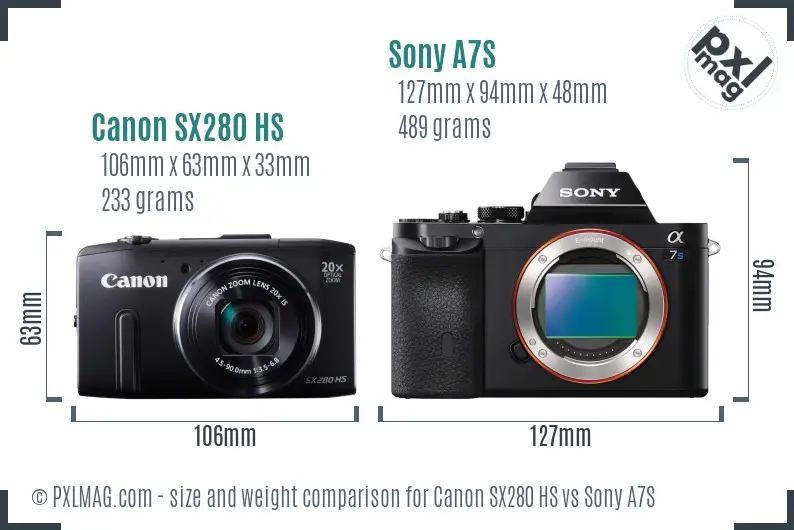 Canon SX280 HS vs Sony A7S size comparison