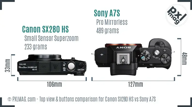 Canon SX280 HS vs Sony A7S top view buttons comparison