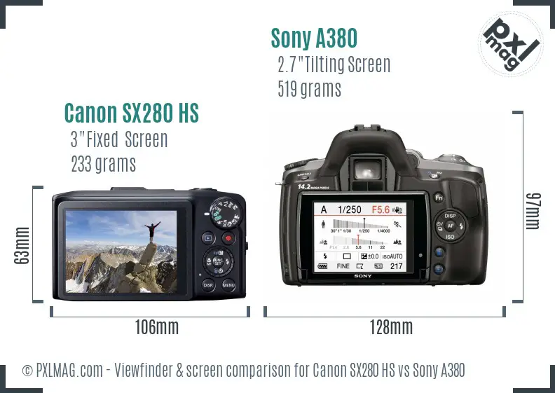 Canon SX280 HS vs Sony A380 Screen and Viewfinder comparison