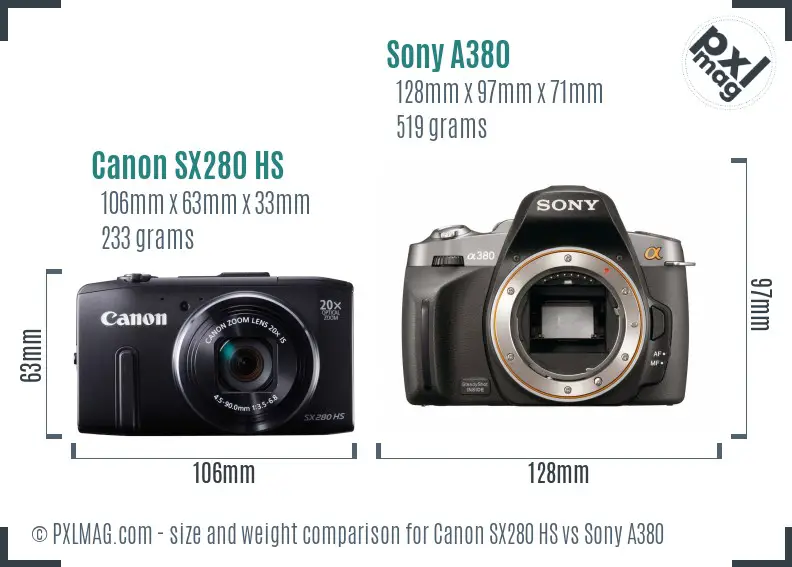 Canon SX280 HS vs Sony A380 size comparison
