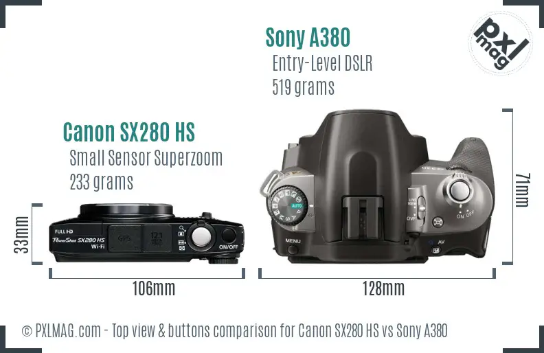 Canon SX280 HS vs Sony A380 top view buttons comparison