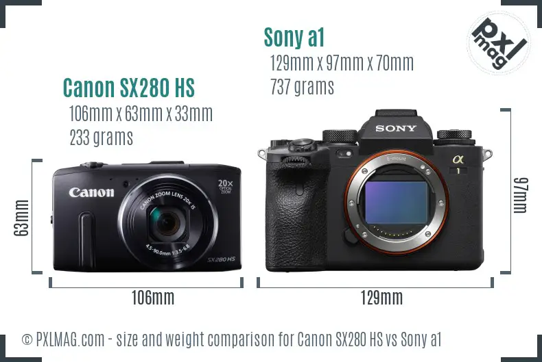 Canon SX280 HS vs Sony a1 size comparison