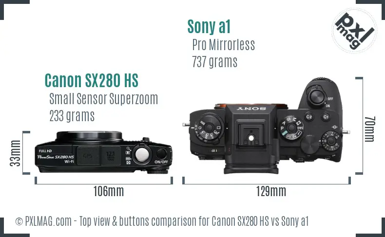 Canon SX280 HS vs Sony a1 top view buttons comparison