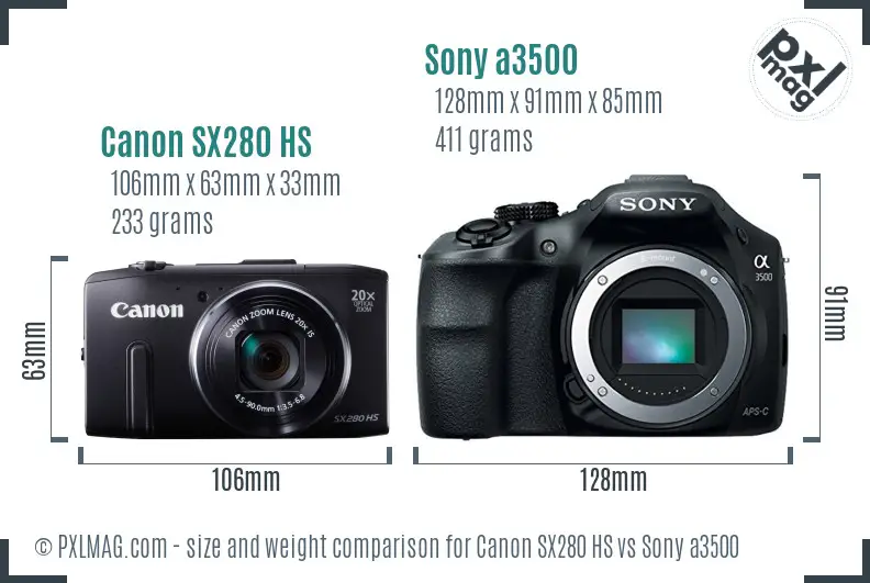 Canon SX280 HS vs Sony a3500 size comparison