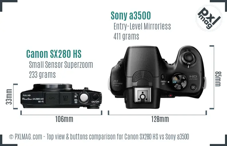 Canon SX280 HS vs Sony a3500 top view buttons comparison