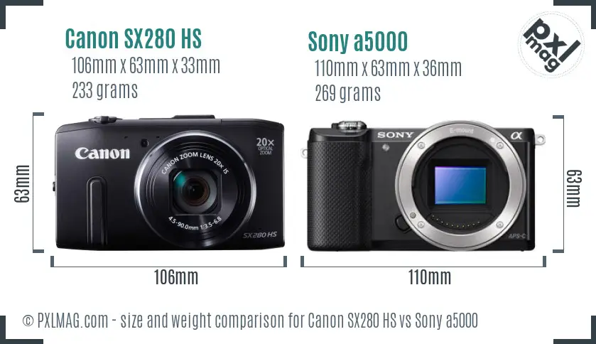 Canon SX280 HS vs Sony a5000 size comparison