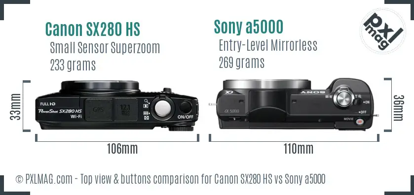 Canon SX280 HS vs Sony a5000 top view buttons comparison