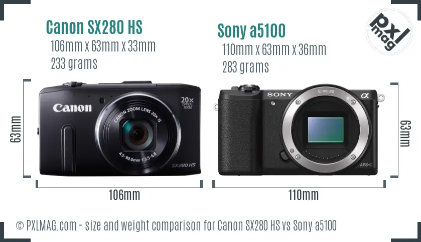 Canon SX280 HS vs Sony a5100 size comparison Canon SX280 HS vs Sony a5100 size comparison