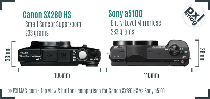 Canon SX280 HS vs Sony a5100 top view buttons comparison Canon SX280 HS vs Sony a5100 top view buttons comparison