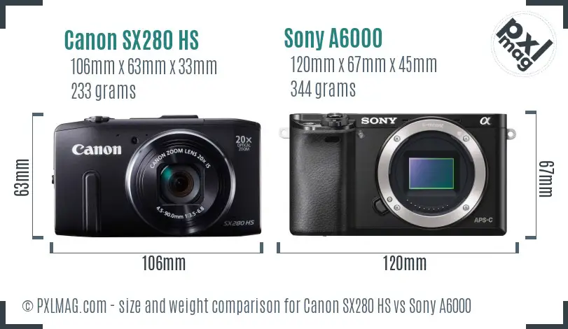 Canon SX280 HS vs Sony A6000 size comparison