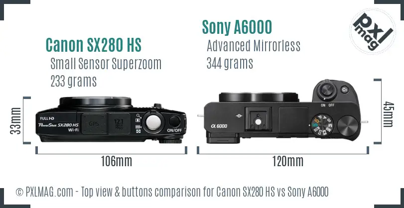 Canon SX280 HS vs Sony A6000 top view buttons comparison