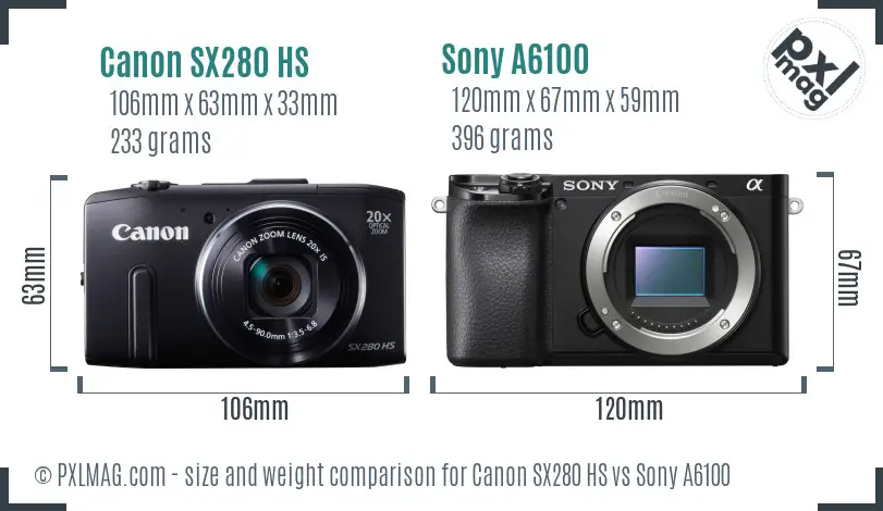 Canon SX280 HS vs Sony A6100 size comparison Canon SX280 HS vs Sony A6100 size comparison