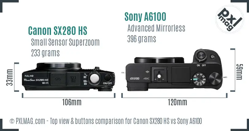 Canon SX280 HS vs Sony A6100 top view buttons comparison Canon SX280 HS vs Sony A6100 top view buttons comparison