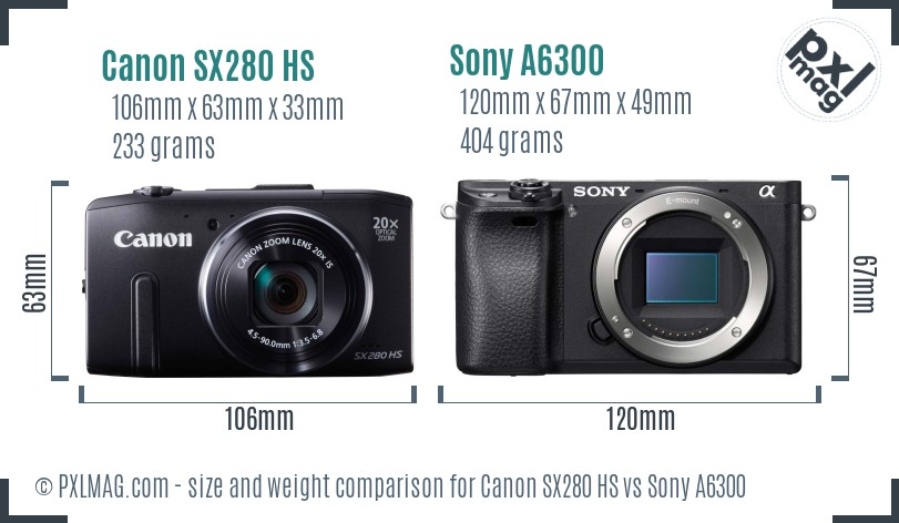 Canon SX280 HS vs Sony A6300 size comparison Canon SX280 HS vs Sony A6300 size comparison