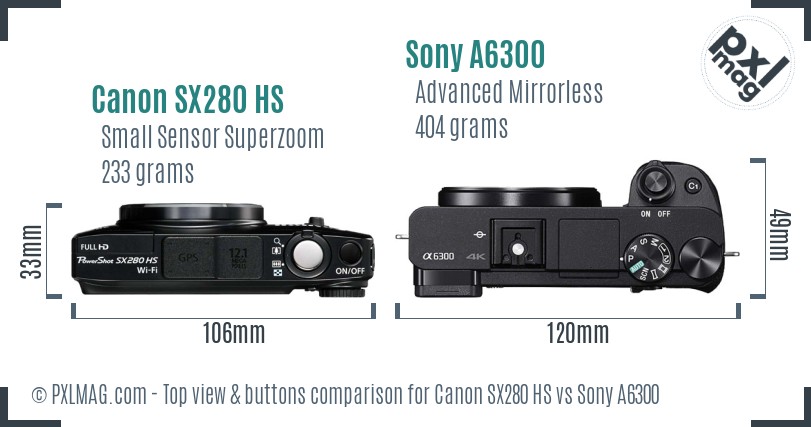 Canon SX280 HS vs Sony A6300 top view buttons comparison