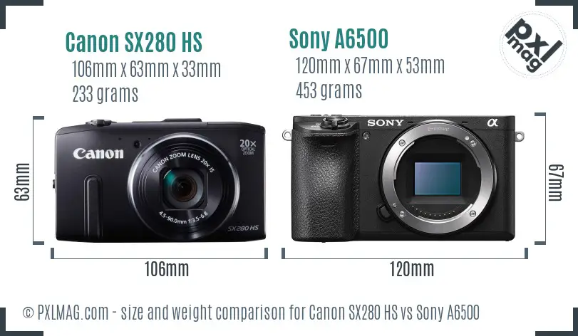 Canon SX280 HS vs Sony A6500 size comparison Canon SX280 HS vs Sony A6500 size comparison