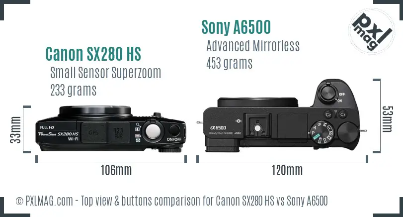 Canon SX280 HS vs Sony A6500 top view buttons comparison Canon SX280 HS vs Sony A6500 top view buttons comparison