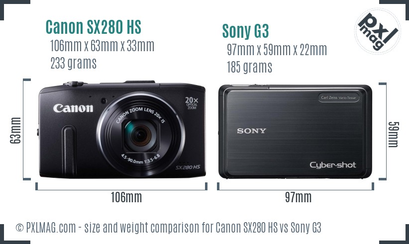 Canon SX280 HS vs Sony G3 size comparison Canon SX280 HS vs Sony G3 size comparison