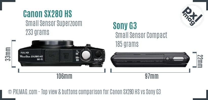 Canon SX280 HS vs Sony G3 top view buttons comparison