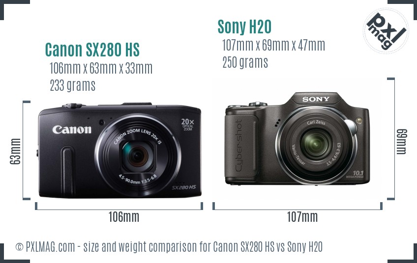 Canon SX280 HS vs Sony H20 size comparison