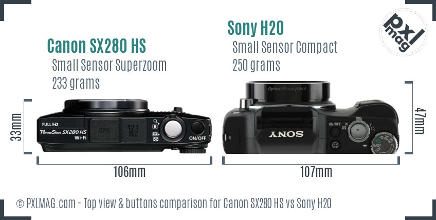 Canon SX280 HS vs Sony H20 top view buttons comparison