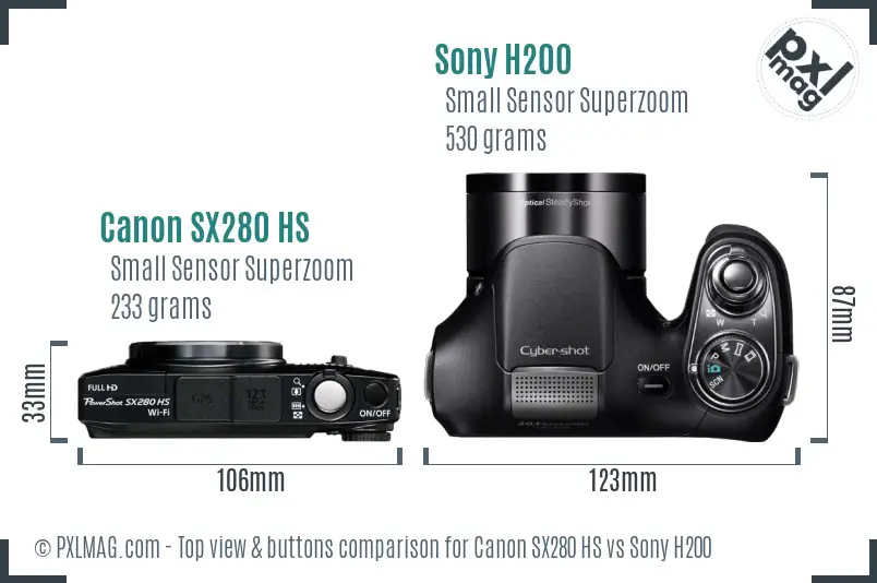 Canon SX280 HS vs Sony H200 top view buttons comparison Canon SX280 HS vs Sony H200 top view buttons comparison