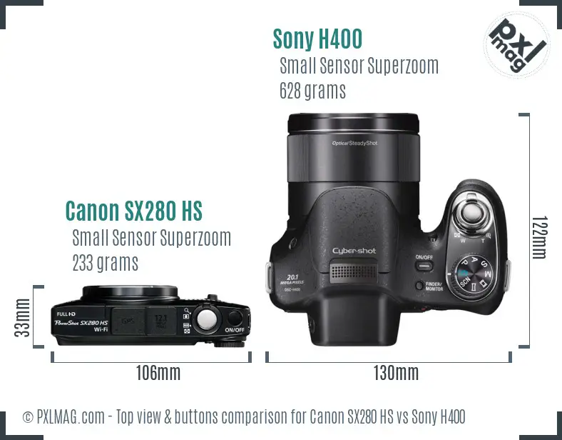 Canon SX280 HS vs Sony H400 top view buttons comparison