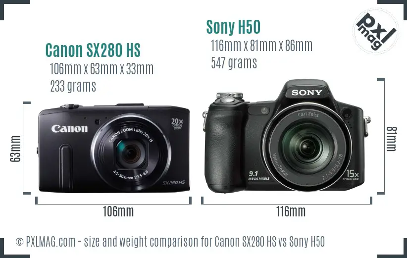 Canon SX280 HS vs Sony H50 size comparison