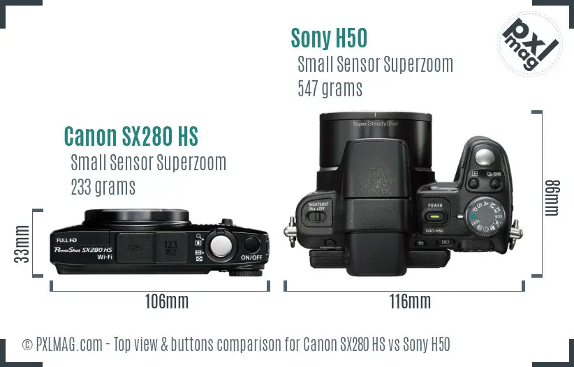 Canon SX280 HS vs Sony H50 top view buttons comparison