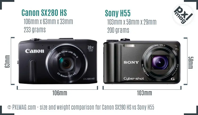 Canon SX280 HS vs Sony H55 size comparison