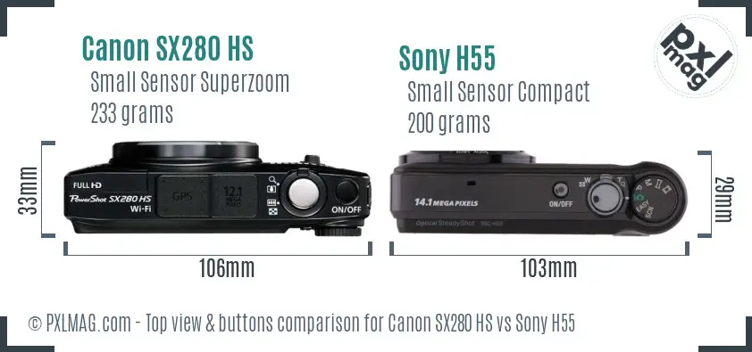 Canon SX280 HS vs Sony H55 top view buttons comparison