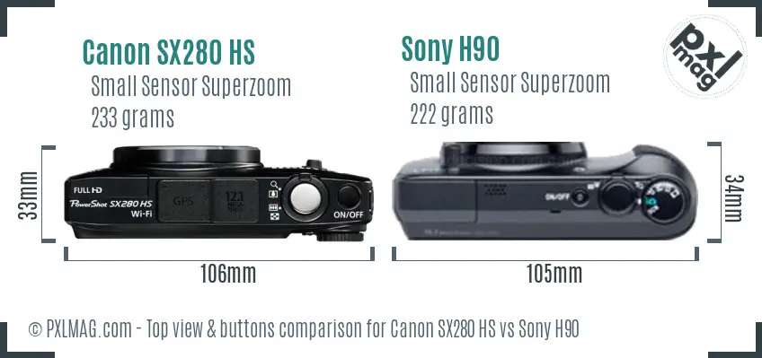 Canon SX280 HS vs Sony H90 top view buttons comparison Canon SX280 HS vs Sony H90 top view buttons comparison