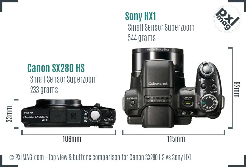 Canon SX280 HS vs Sony HX1 top view buttons comparison Canon SX280 HS vs Sony HX1 top view buttons comparison