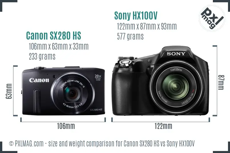 Canon SX280 HS vs Sony HX100V size comparison