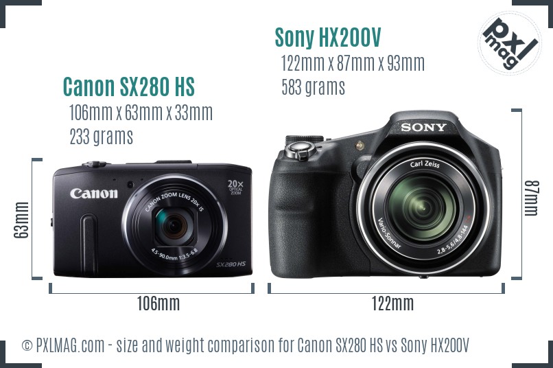 Canon SX280 HS vs Sony HX200V size comparison