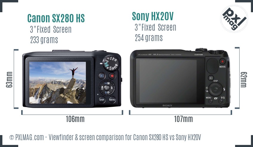Canon SX280 HS vs Sony HX20V Screen and Viewfinder comparison