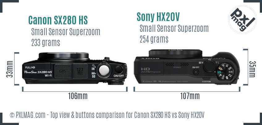 Canon SX280 HS vs Sony HX20V top view buttons comparison
