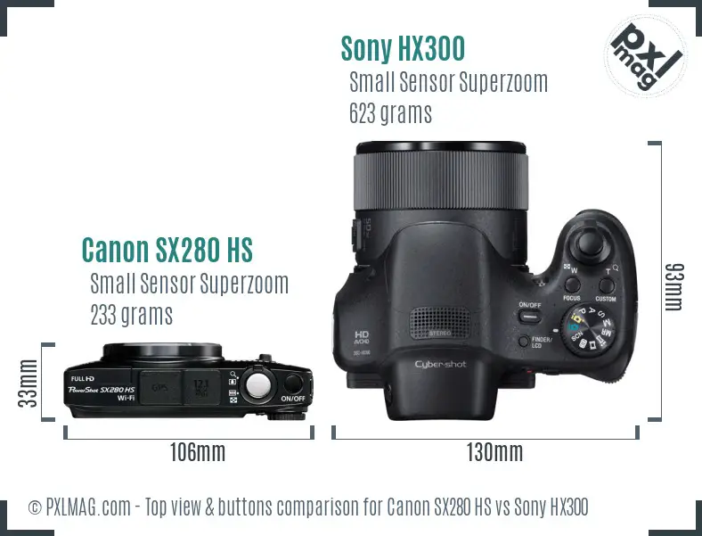 Canon SX280 HS vs Sony HX300 top view buttons comparison Canon SX280 HS vs Sony HX300 top view buttons comparison