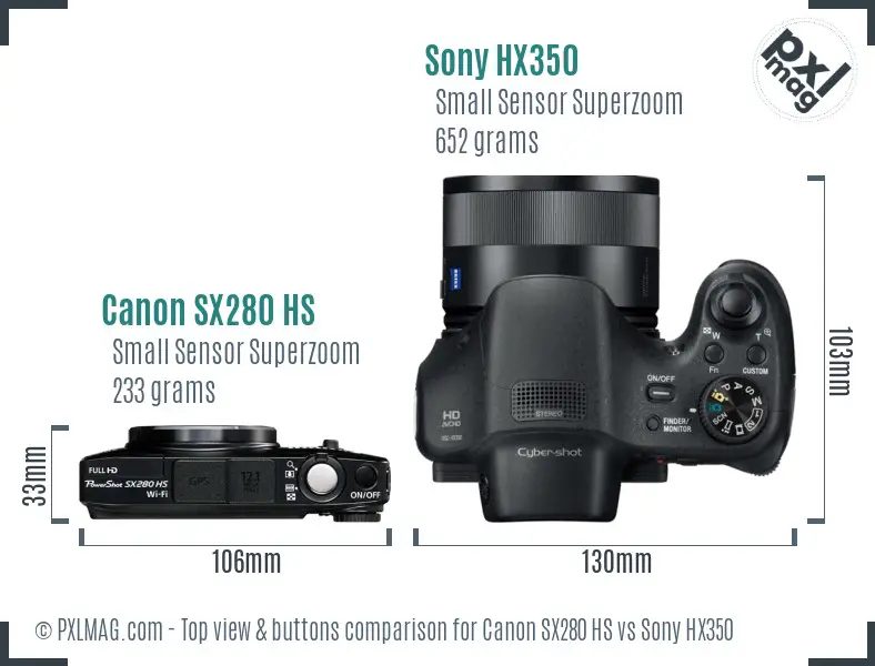 Canon SX280 HS vs Sony HX350 top view buttons comparison