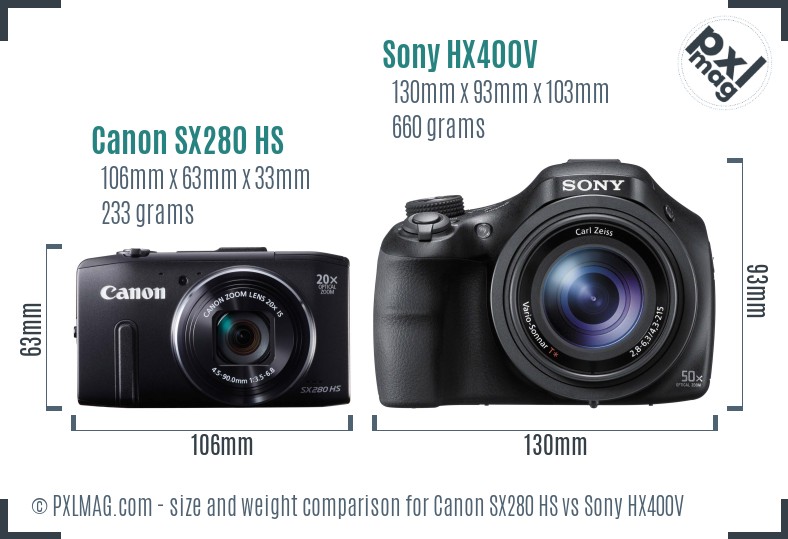 Canon SX280 HS vs Sony HX400V size comparison