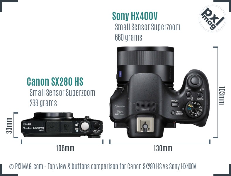 Canon SX280 HS vs Sony HX400V top view buttons comparison