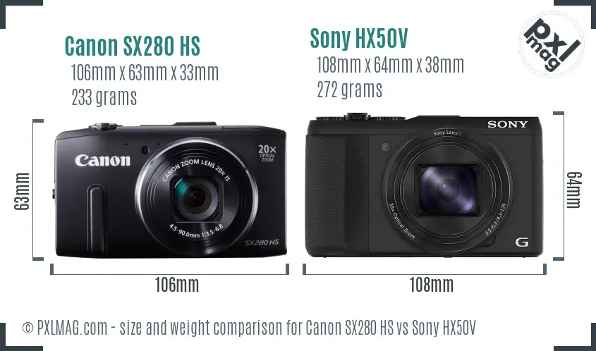 Canon SX280 HS vs Sony HX50V size comparison