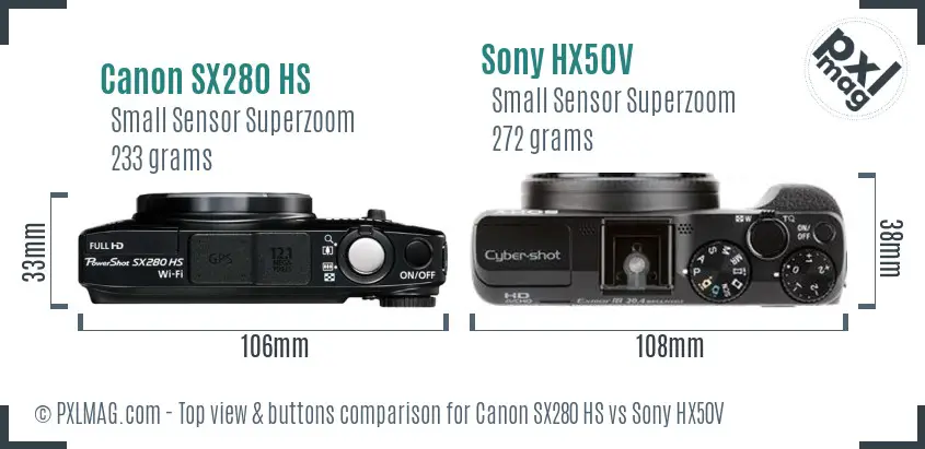 Canon SX280 HS vs Sony HX50V top view buttons comparison
