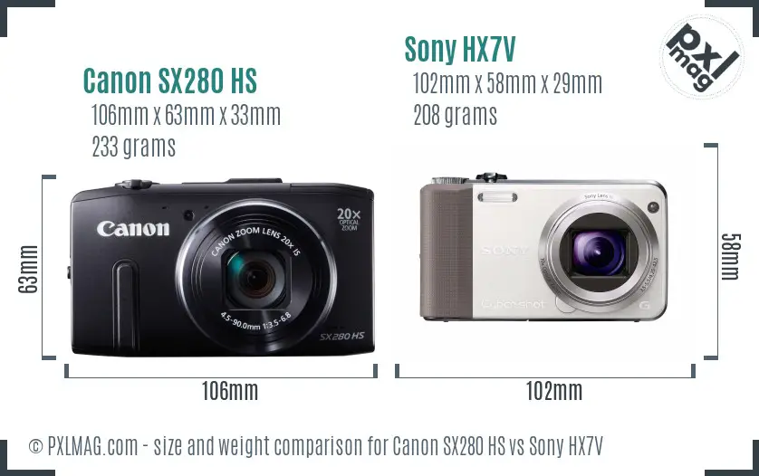 Canon SX280 HS vs Sony HX7V size comparison