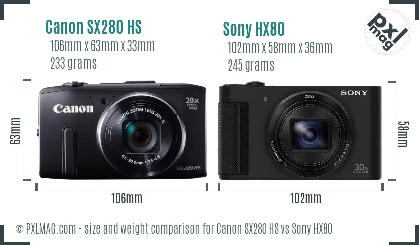 Canon SX280 HS vs Sony HX80 size comparison