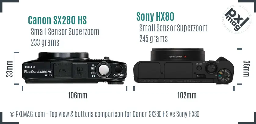 Canon SX280 HS vs Sony HX80 top view buttons comparison